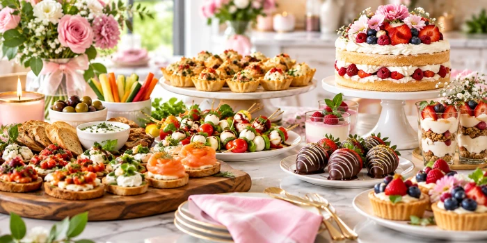Mother’s Day appetizers and desserts arranged on an elegant family meal table, featuring savory crostini, caprese skewers, mini tarts, berry cake, parfaits, chocolate-dipped strawberries, fresh fruit, and pastel floral decor.