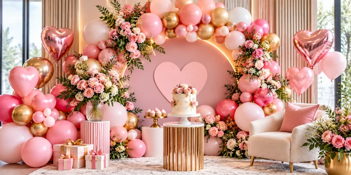 Elegant Mother's Day balloons, floral balloon garland, pink and rose gold backdrop, heart decor, cake table, flowers, and gifts in a stylish party setting