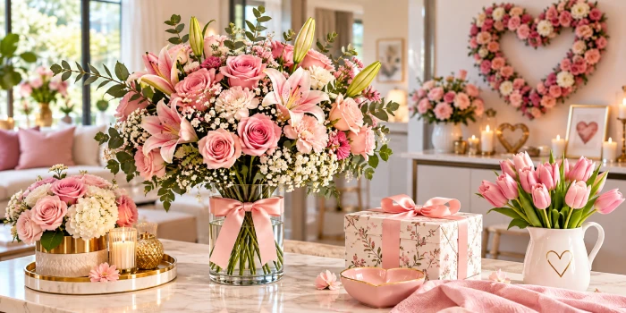 Elegant Mother’s Day flowers aesthetic decorations featuring a lush pink rose and lily bouquet, tulips, floral wreath, candles, gift box, heart accents, and soft pastel décor in a bright modern home.