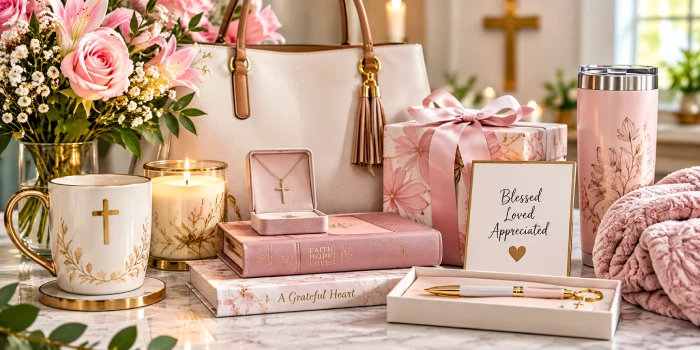 Elegant Mother's Day gift ideas for church ladies featuring faith-inspired gifts, pink roses, a cross necklace, candle, mug, devotional books, gift box, tote bag, tumbler, and cozy blanket.