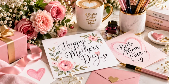 Mother’s Day lettering and calligraphy ideas featuring elegant handwritten greeting cards, floral accents, pink stationery, ribbons, ink pens, and creative lettering supplies.