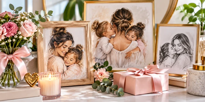 Mother’s Day personalized portrait ideas featuring elegant framed mom and child artwork, family portraits, pink roses, a wrapped gift, candle, and modern decorative accents for a heartfelt keepsake display.