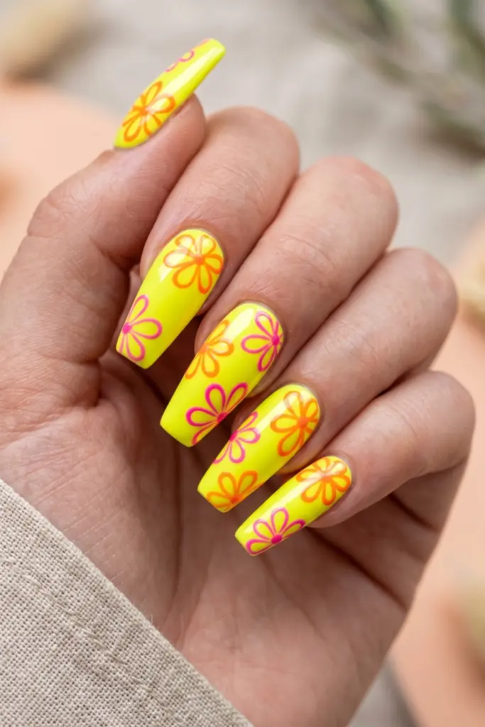 neon-flower-pop-yellow-coffin-nails-orange-pink-flower-outlines