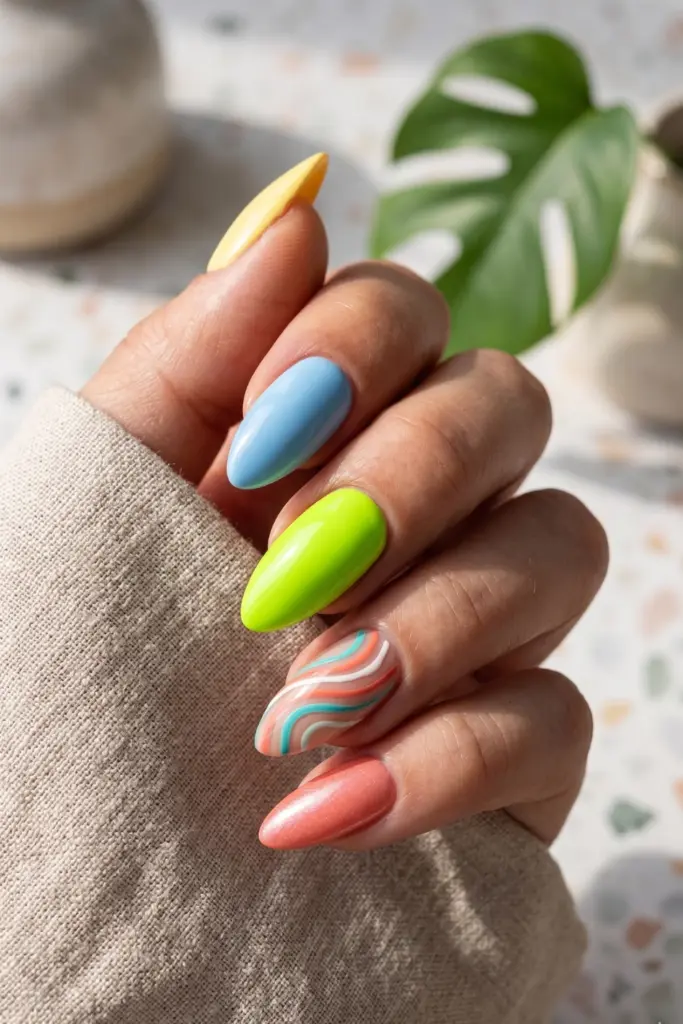 neon-lime-accent-simple-almond-summer-nails