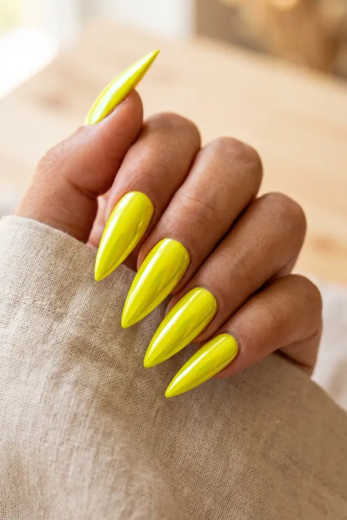 neon-yellow-chrome-stiletto-simple-summer-nails