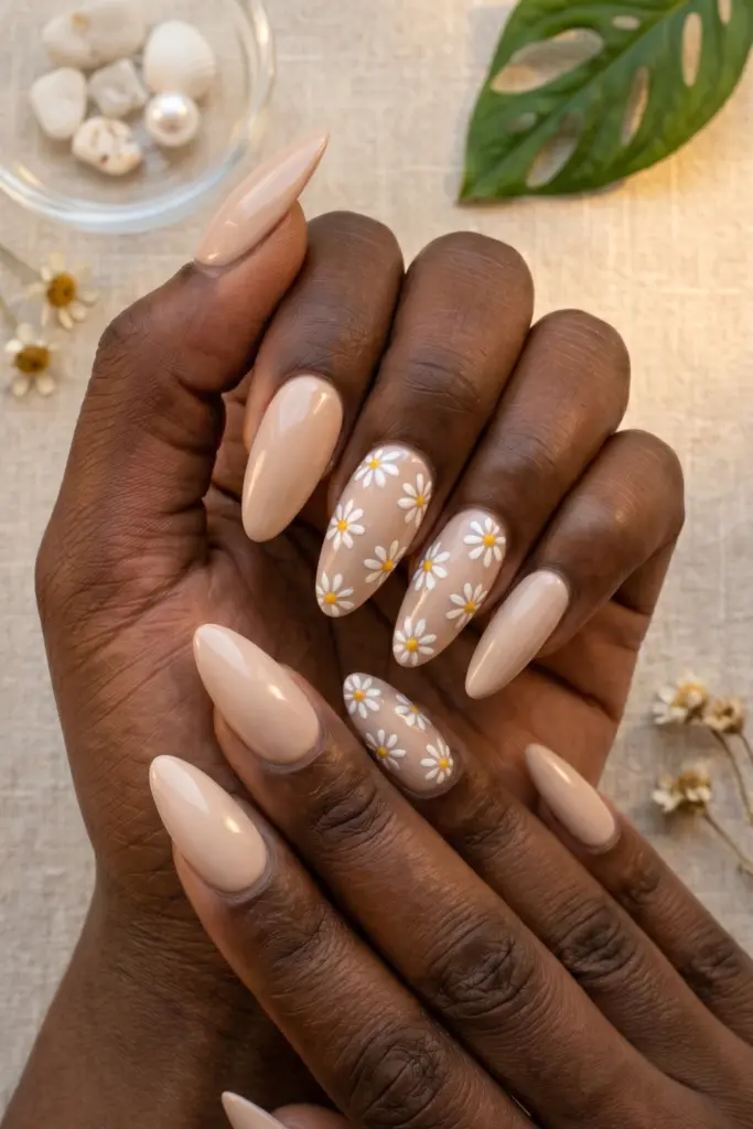 nude-white-daisy-summer-nails-art-designs