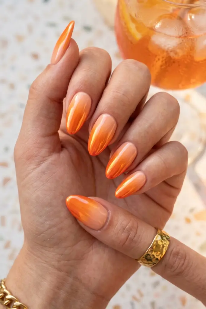 orange-chrome-ombre-glow-simple-baddie-summer-nails