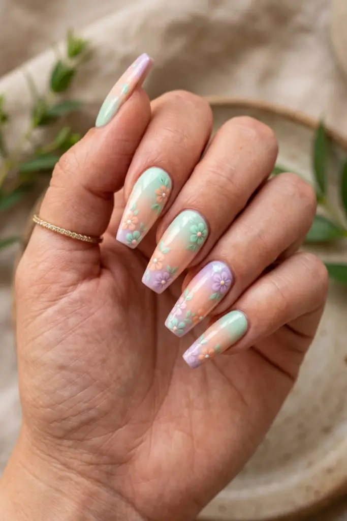 pastel-floral-mix-ombre-coffin-nails-mint-peach-lilac-flowers