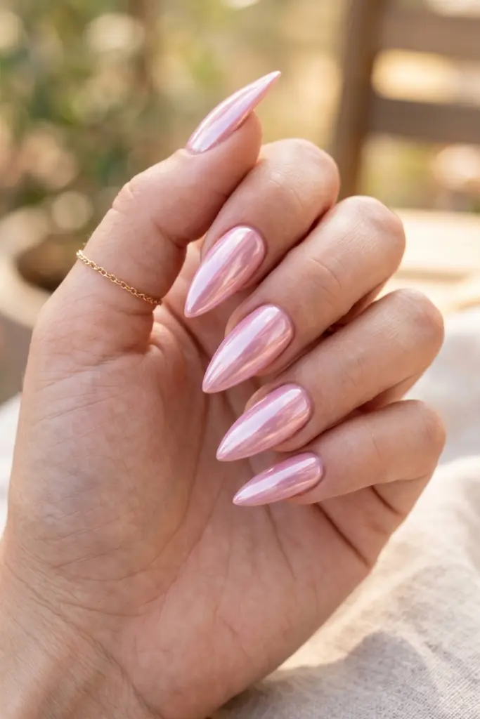 pastel-pink-chrome-stiletto-simple-summer-nails