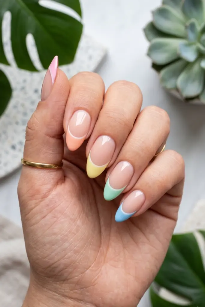 pastel-rainbow-tips-simple-almond-summer-nails
