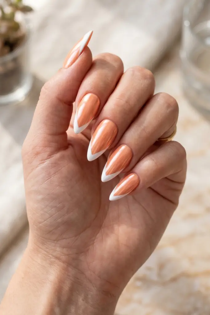 peach-chrome-french-tip-stiletto-simple-summer-nails