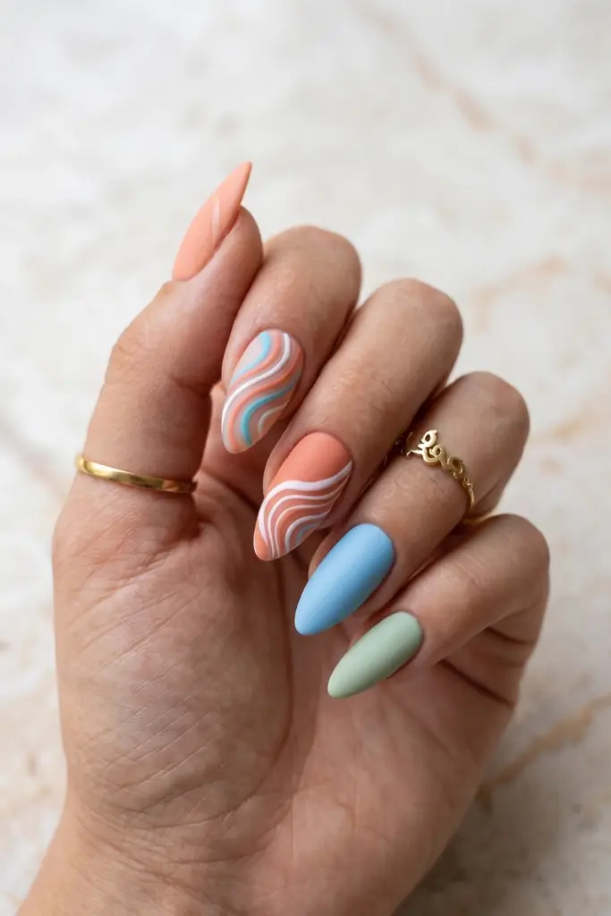 peachy-matte-white-swirls-simple-almond-summer-nails