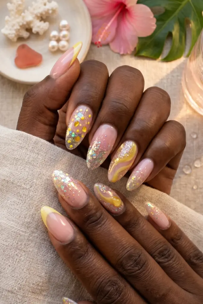 pink-lemonade-glitter-summer-nails-art-designs