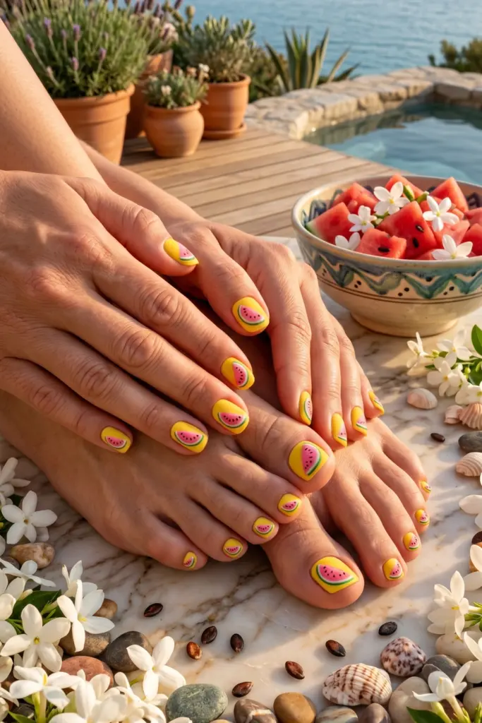 pink-watermelon-slices-simple-nails-toes-summer