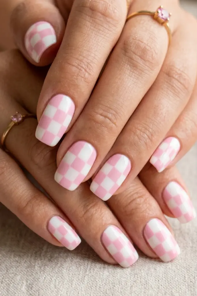 pink-white-checkerboard-summer-nails-trends