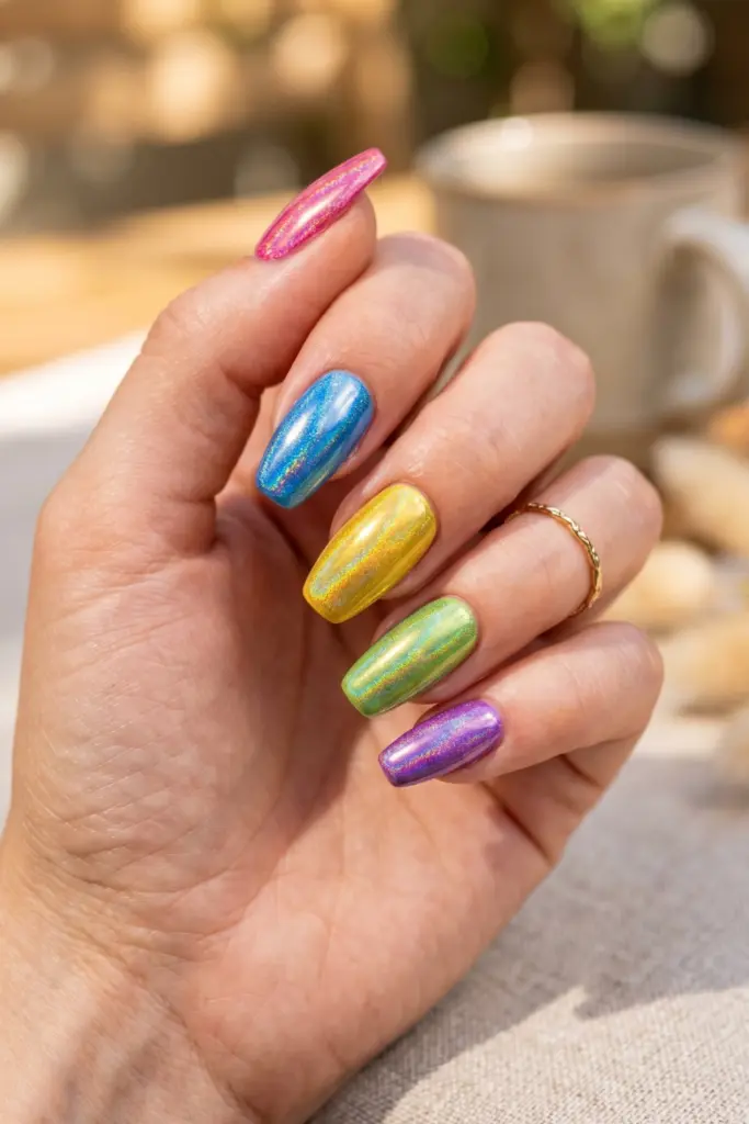 rainbow-chrome-glitter-burst-simple-baddie-summer-nails