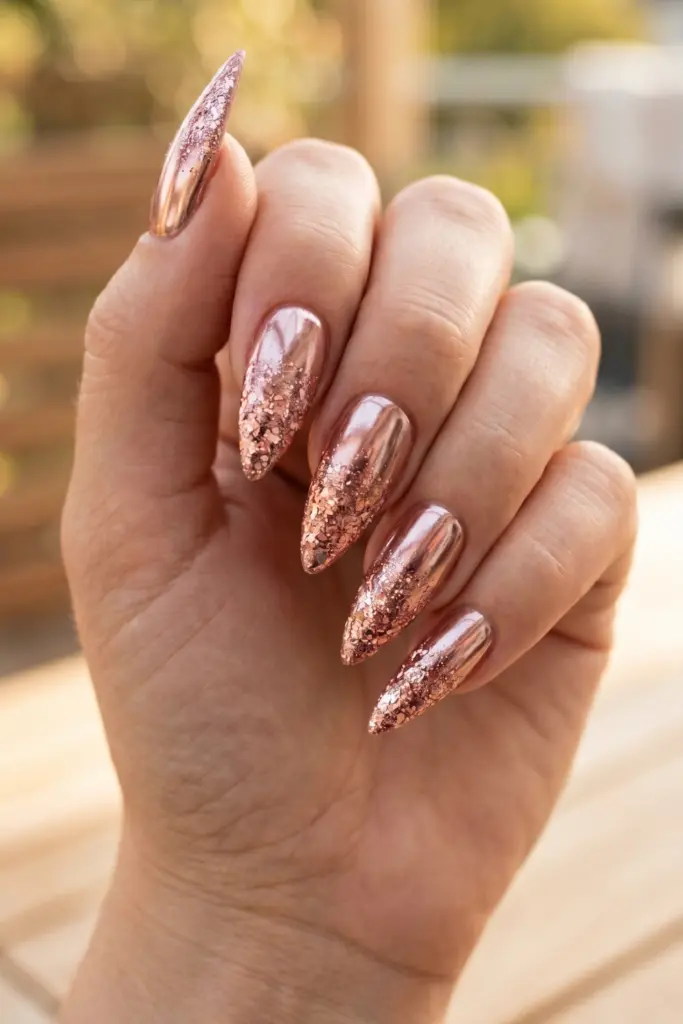 rose-gold-chrome-glitter-stiletto-simple-summer-nails