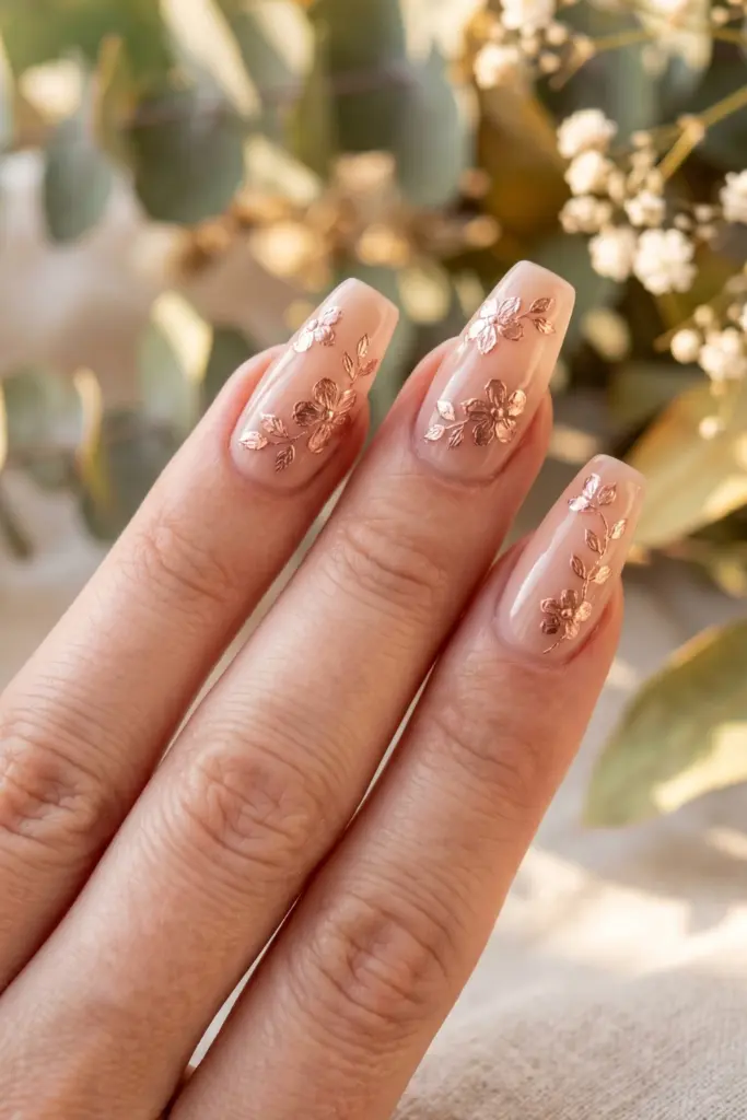 rose-gold-petals-nude-coffin-nails-foil-flowers-shimmer