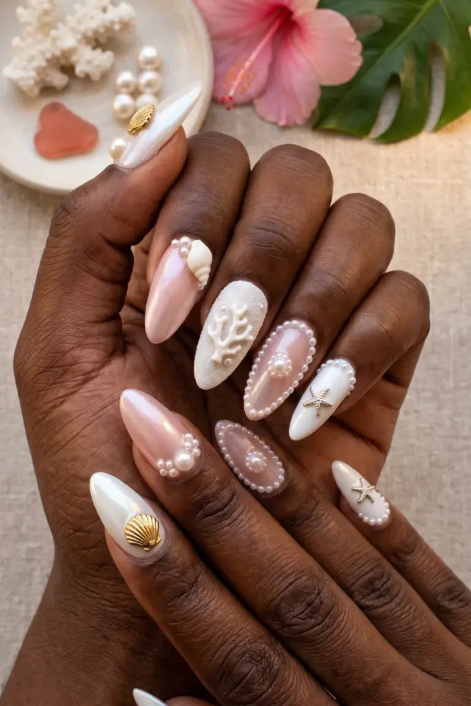 seashell-pearl-nails-summer-art-designs