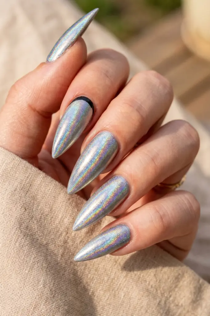 silver-holographic-chrome-stiletto-simple-summer-nails