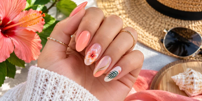Simple almond summer nails featuring glossy coral, peach, nude, floral, tropical leaf, and delicate gold accent designs in a vibrant summer-inspired manicure.