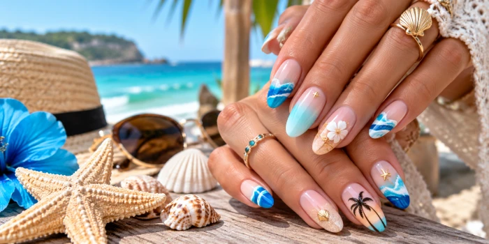 Simple beach nail summer nail designs with turquoise ocean wave tips, pastel blue ombre, white floral accents, seashell details, starfish charms, and tropical beach-inspired nail art.