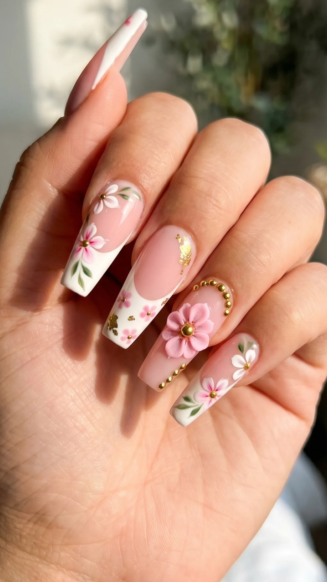 Simple Coffin Flowered Summer Nails for a Fresh Seasonal Look