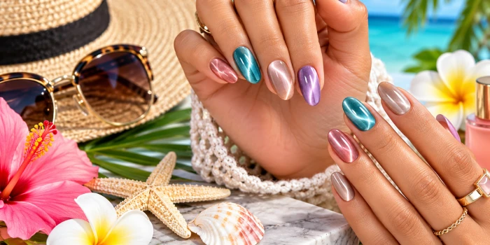 Simple cat eye nail ideas for summer featuring glossy pink, teal, lavender, nude, and coral almond nails with a vibrant beach-inspired setting.