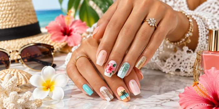 Close-up of elegant summer nails featuring soft nude, coral, white, aqua, floral, tropical, glitter, and gold-accented designs styled with beach-inspired accessories for a classy summer manicure.