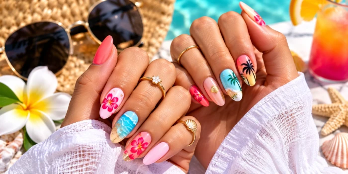 Simple Crazy Summer Nail Designs to Try Now featuring colorful tropical nail art with vibrant pink, coral, blue, floral, palm, beach-inspired and glossy manicure details on elegant almond-shaped nails.
