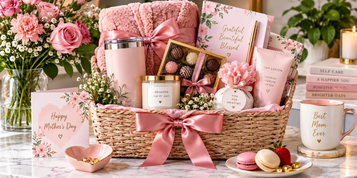 Beautiful pink Mother's Day hamper filled with flowers, chocolates, body lotion, candle, tumbler, notebook, cozy blanket, and a heartfelt greeting card.