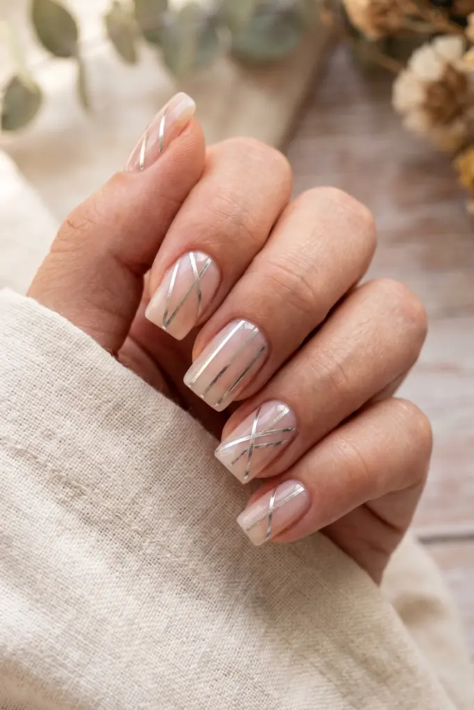simple-silver-foil-lines-clear-nails