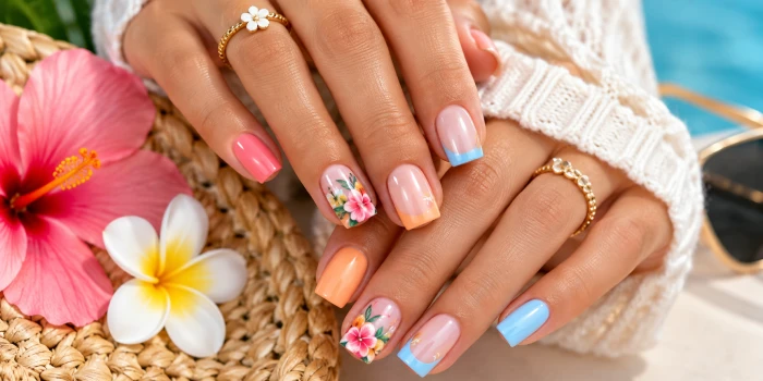 Simple square summer nail designs featuring glossy pastel pink, coral, peach, and blue gel nails with delicate tropical floral accents, perfect for a bright summer manicure.