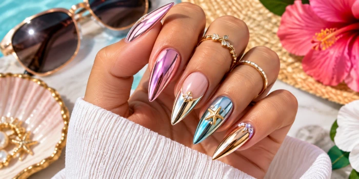 Close-up of elegant stiletto chrome summer nail designs in pink, gold, teal, lavender, and rose-gold with glossy metallic finishes and delicate summer accents.