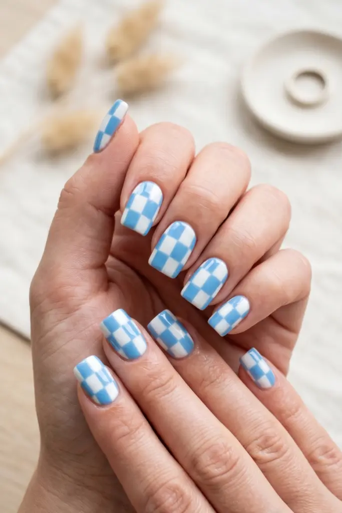 sky-blue-white-checkered-square-nails
