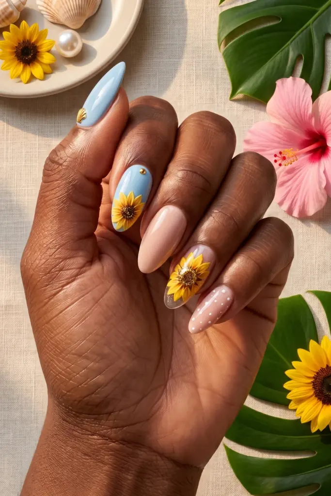 sunflower-accent-nails-summer-art-designs