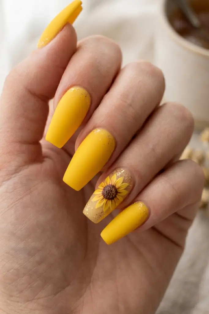 sunflower-shimmer-matte-yellow-coffin-nails-gold-glitter-flowers