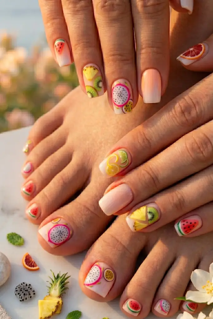 tropical-fruit-slices-simple-nails-toes-summer