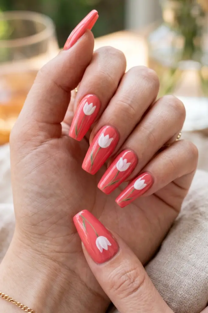 tulip-twist-coral-coffin-nails-white-tulip-glossy
