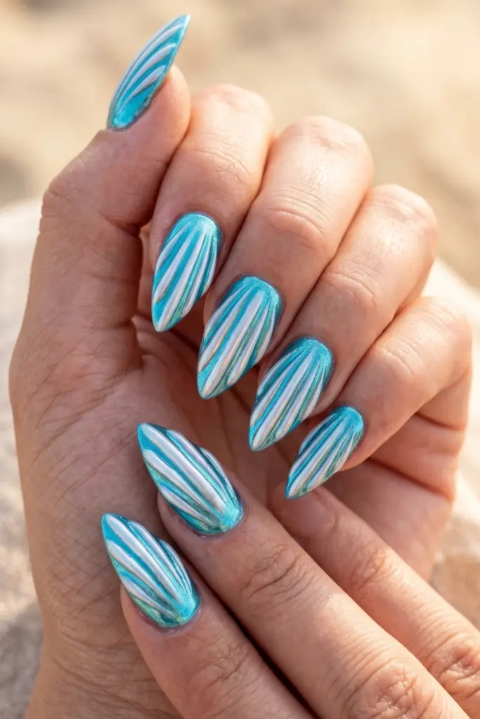 turquoise-chrome-seashell-stiletto-simple-summer-nails