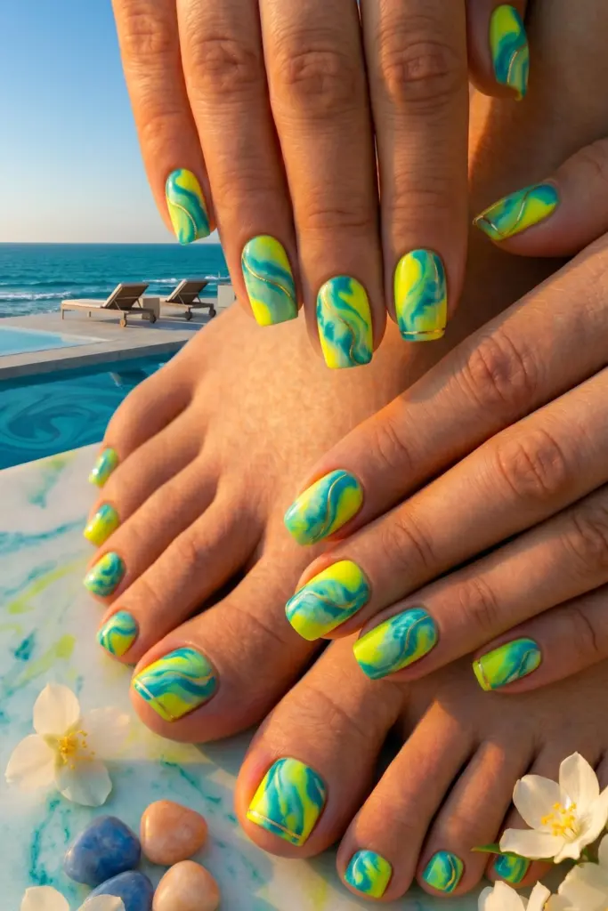 turquoise-tie-dye-simple-nails-toes-summer