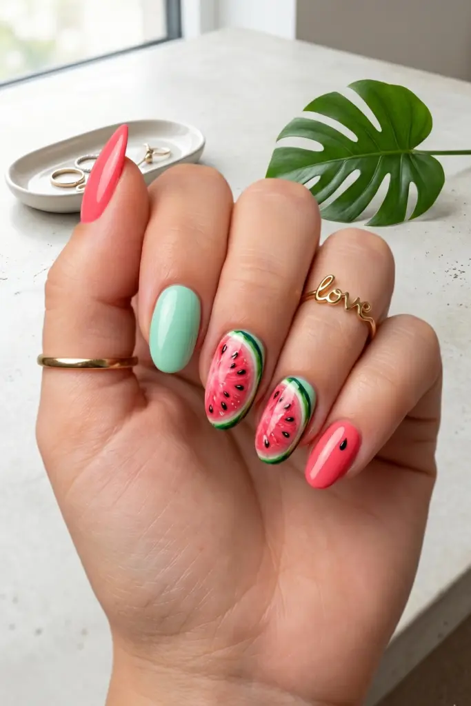 watermelon-slices-simple-almond-summer-nails
