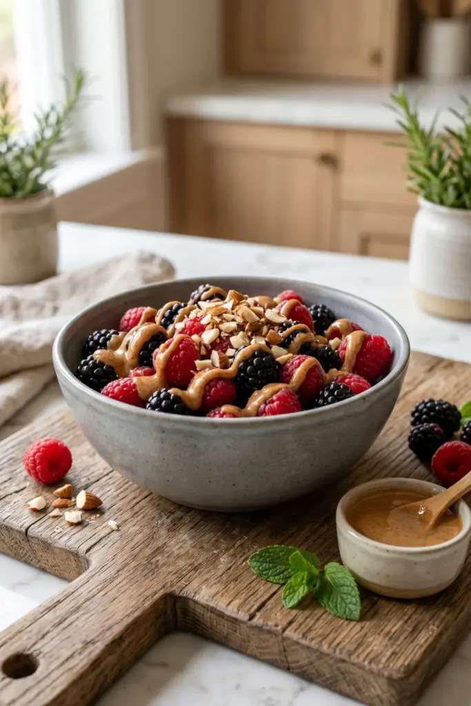 Mixed-Berries-Almond-Butter-Fruit-Salad-Breakfast-Bowl-Recipe-Ideas