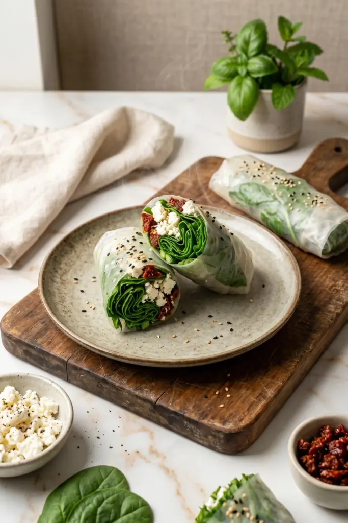 Spinach-Feta-Mediterranean-Rolls-Healthy-Tasty-Breakfast-Spring-Roll-Recipe-Ideas