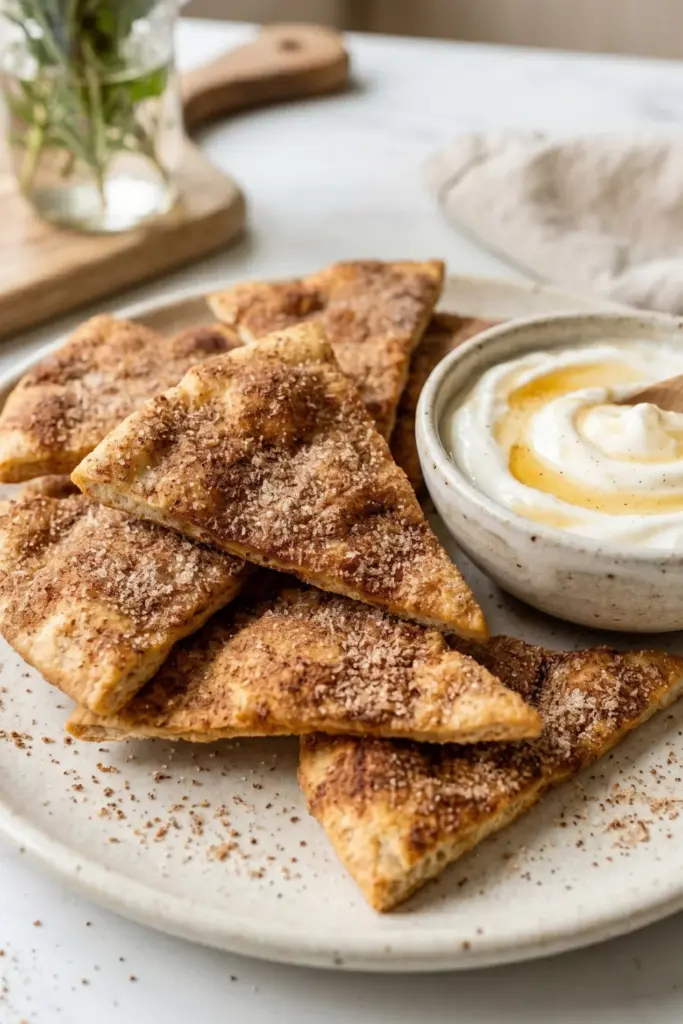air-fryer-cinnamon-sugar-pita-chips-yogurt-dip-healthy-summer-desserts