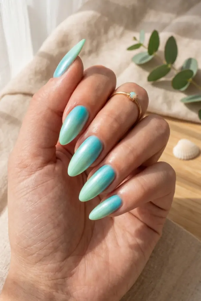 aqua-mint-green-ombre-almond-summer-nails