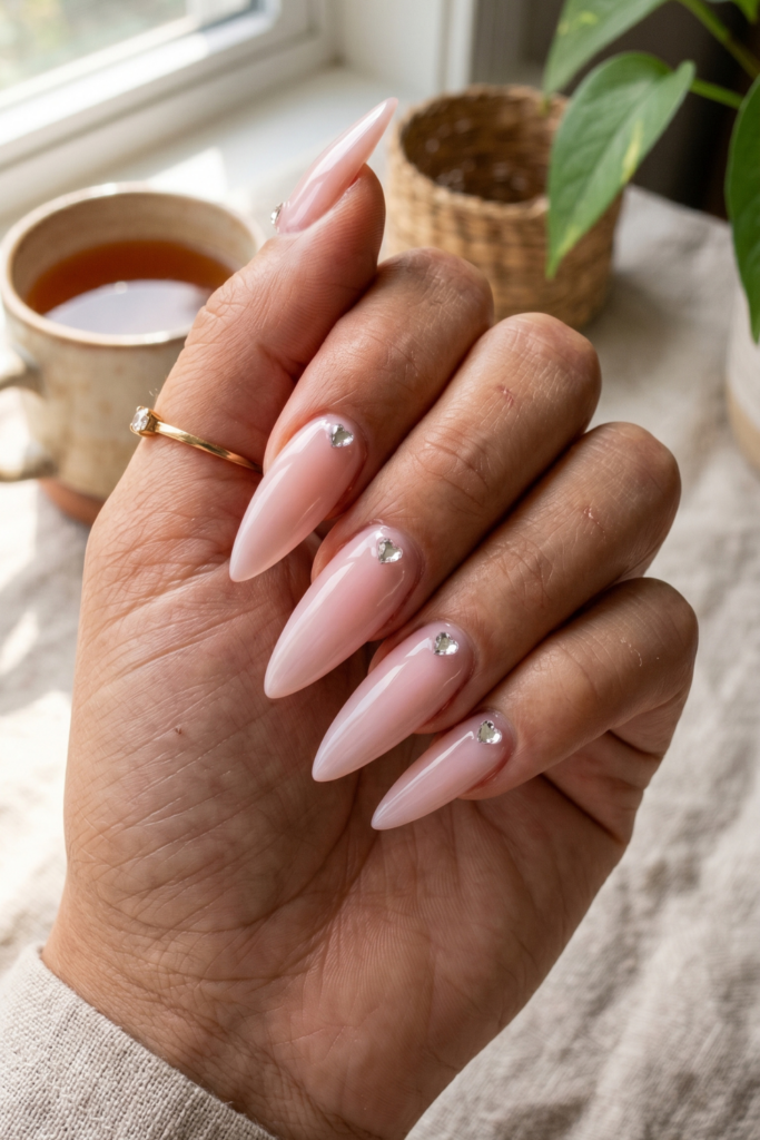 baby-pink-heart-rhinestones-girly-stiletto-summer-nail-designs-ideas
