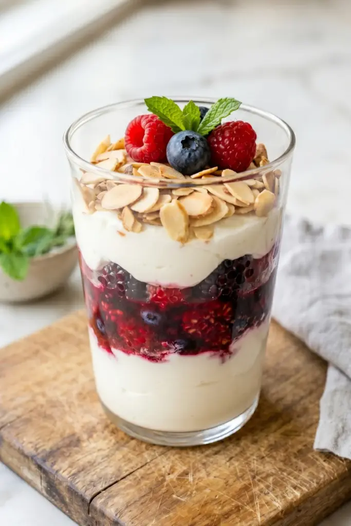berry-compote-almond-parfait-cozy-greek-yogurt-breakfasts
