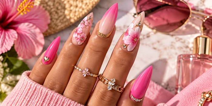Best pink girly stiletto summer nail design ideas featuring glossy hot pink nails, floral accents, gold details, rhinestones, and elegant feminine styling.