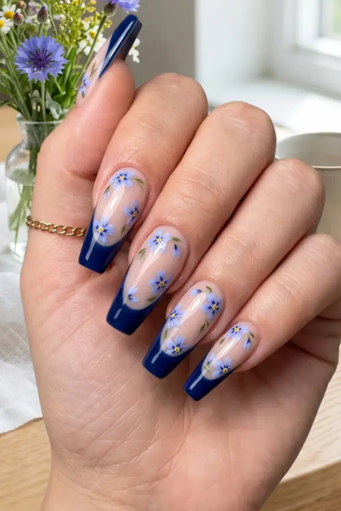 blue-cornflower-navy-tips-stunning-floral-french-tip-press-on-summer-nails-designs-ideas
